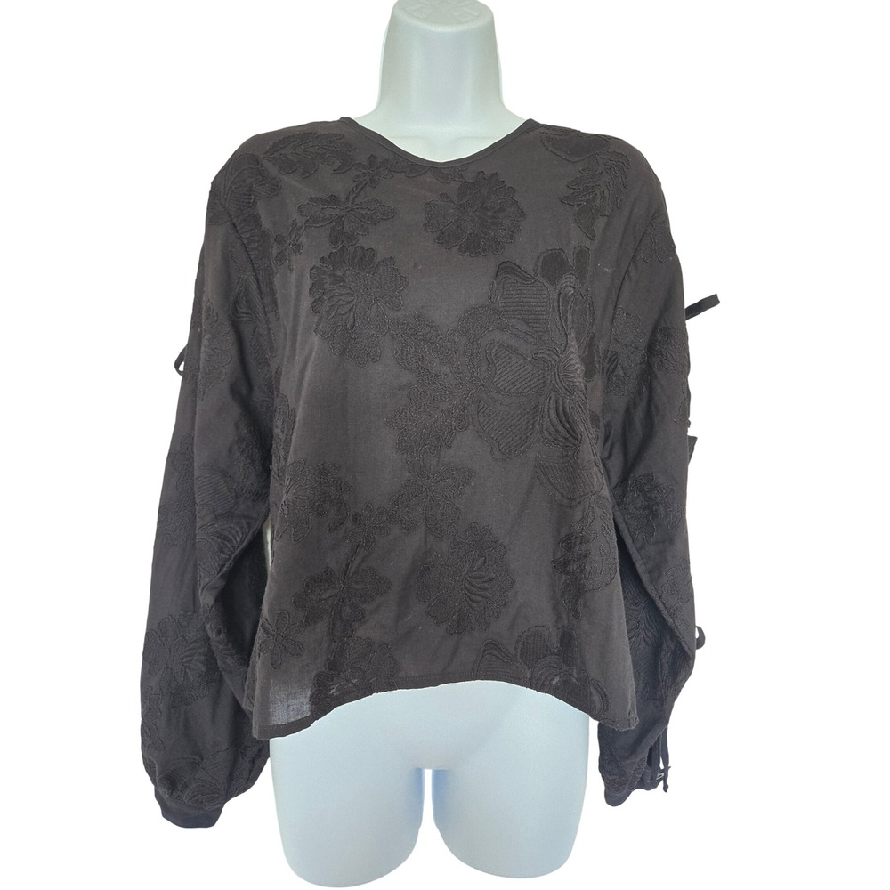TNS Black Embroidered Tie Sleeve Floral Blouse S Minimalist Artsy Whimsigoth